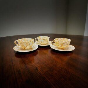 Vintage Hazel Atlas Spagetti Splatter Marbled Milk Glass Tea Cup & Saucer Set Of